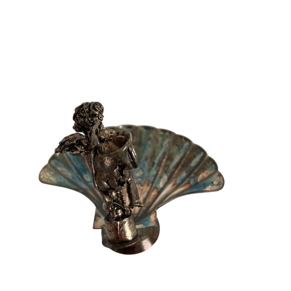 Vintage Silver Toned Cherub Scallop Shell Salt Cellar Decorative Spoon Included - Picture 4 of 10